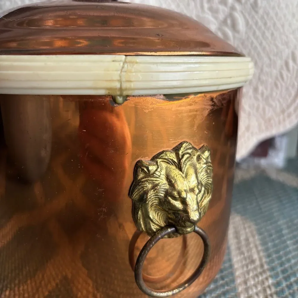 Vintage Copper ice bucket with Lid Lion head handles